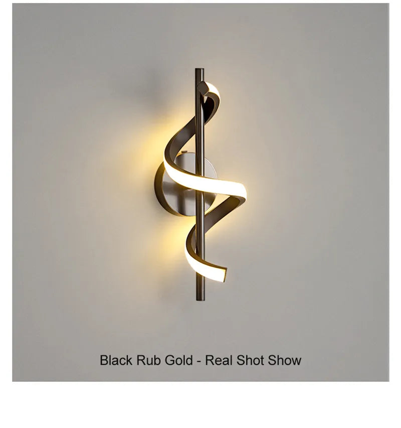 Twisted LED wall light in black and gold with modern design, ideal for living room decor by Light My House