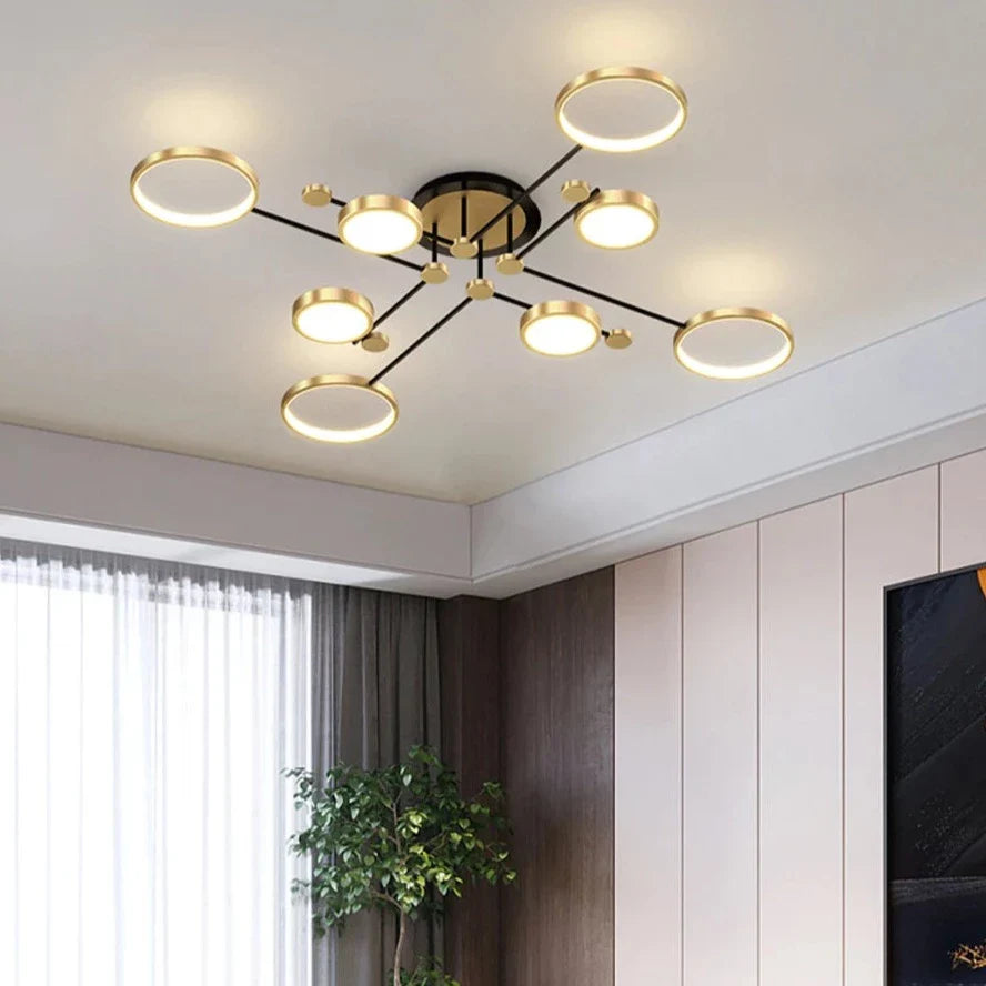 Gold LED Chemistry Flush Mount Chandelier by Light My House, 130cm low ceiling light fixture with modern design.
