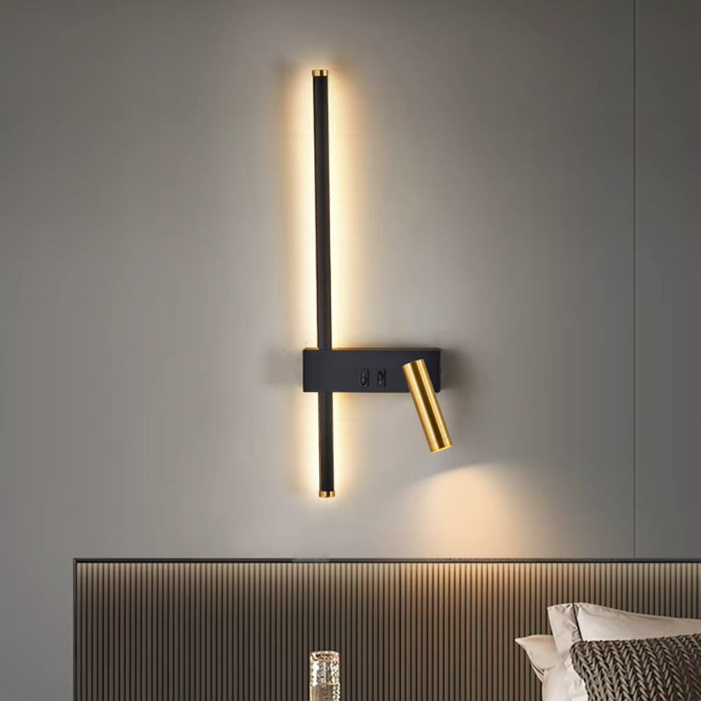 Gold and black LED wall lamp by Light My House with dual switch, ideal for bedside reading and modern home decor.
