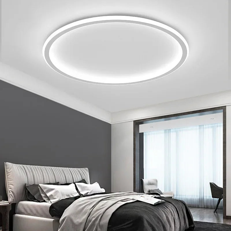 Black and white LED ring flush mount chandelier by Light My House, dimmable ceiling light with modern design