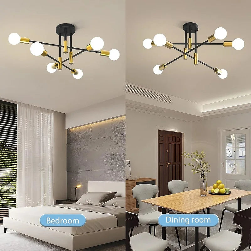 Modern black criss-cross ceiling light with six E27 bulbs, semi-flush mount design for contemporary interior lighting.