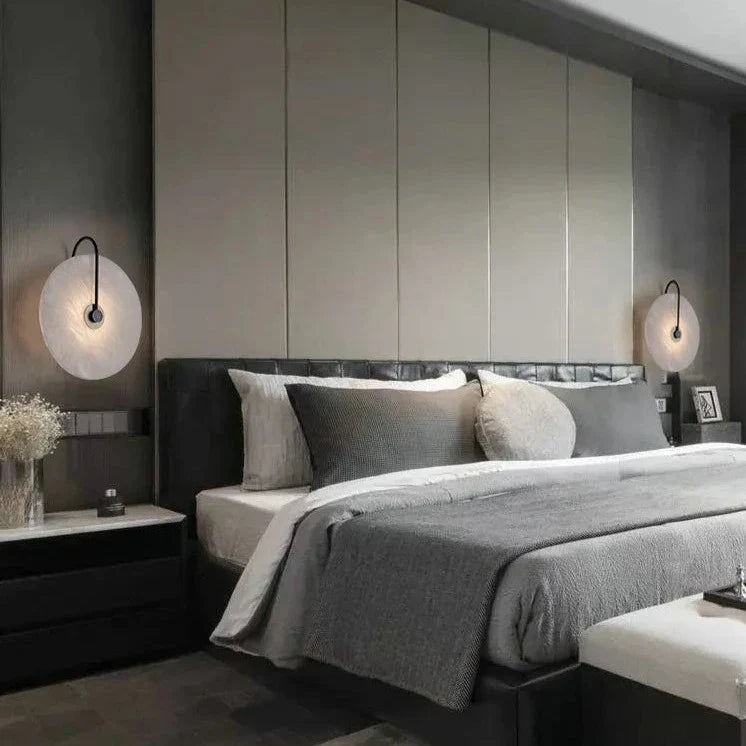 Modern marble wall lamp with disc texture and warm LED light, ideal for home decor by Light My House