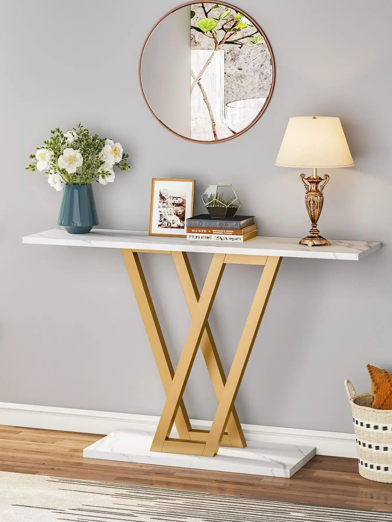 Klassyx industrial console table with metal frame and wooden tabletop, ideal for entryways and living room decor.