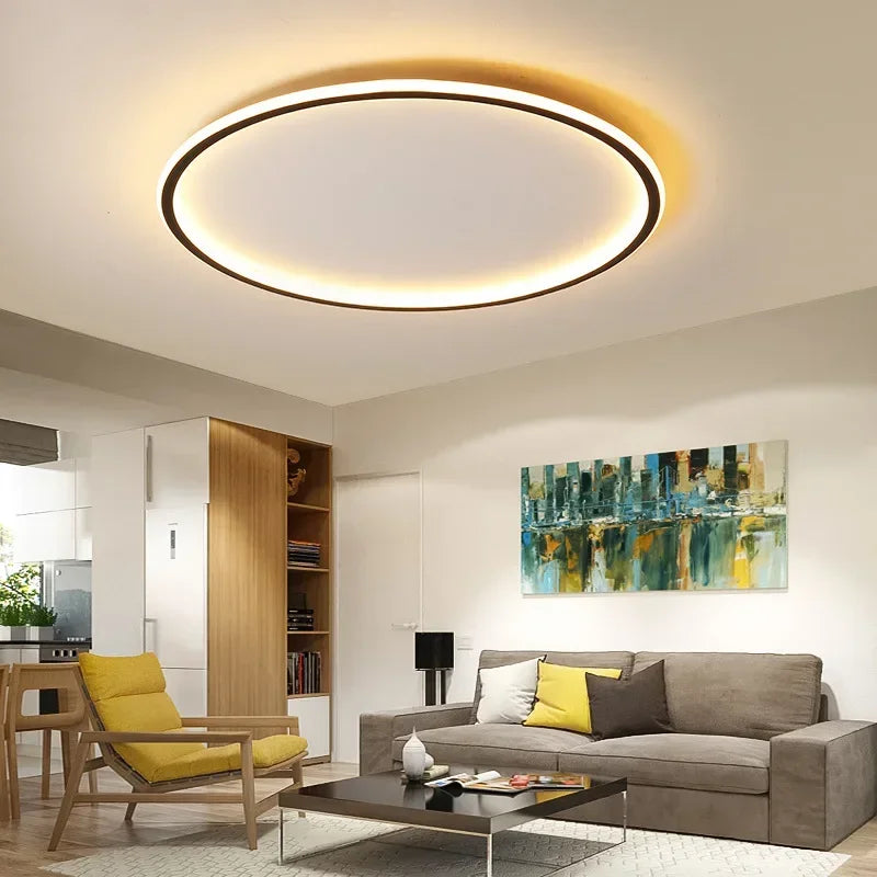 Dimmable LED ring flush mount chandelier in black and white with modern design, ceiling light fixture by Light My House