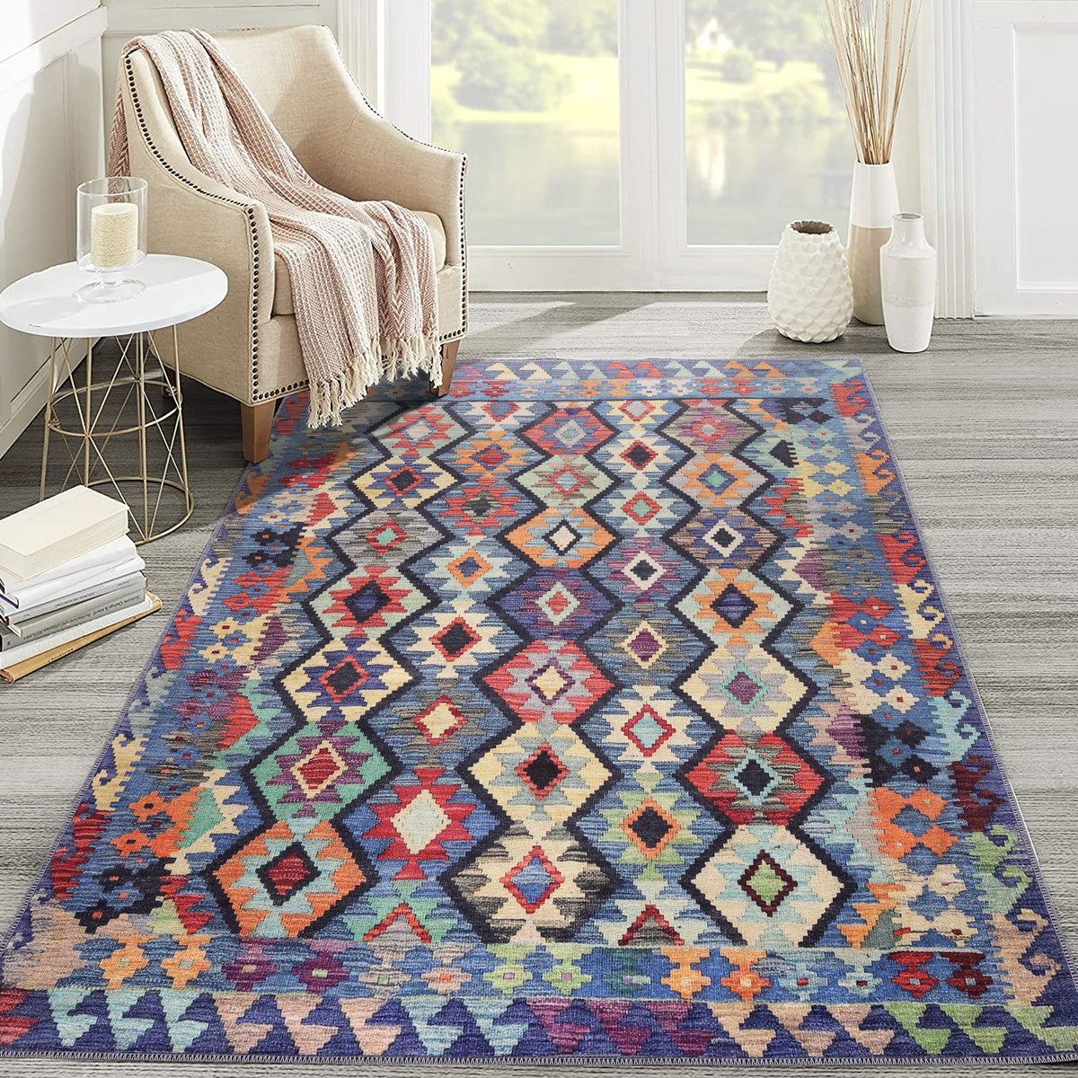 Machine washable multicolor kilim rug with tribal diamond geometric pattern by Netline Home, ideal for living room, bedroom, or dining.