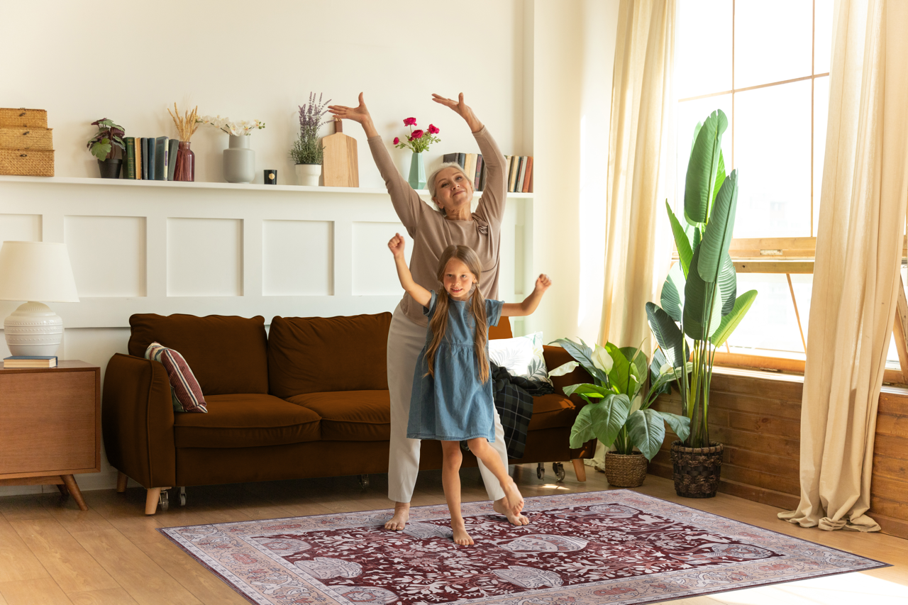 Blue abstract washable rug by Netline Home featuring traditional style, non-slip backing, ideal for living room decor.