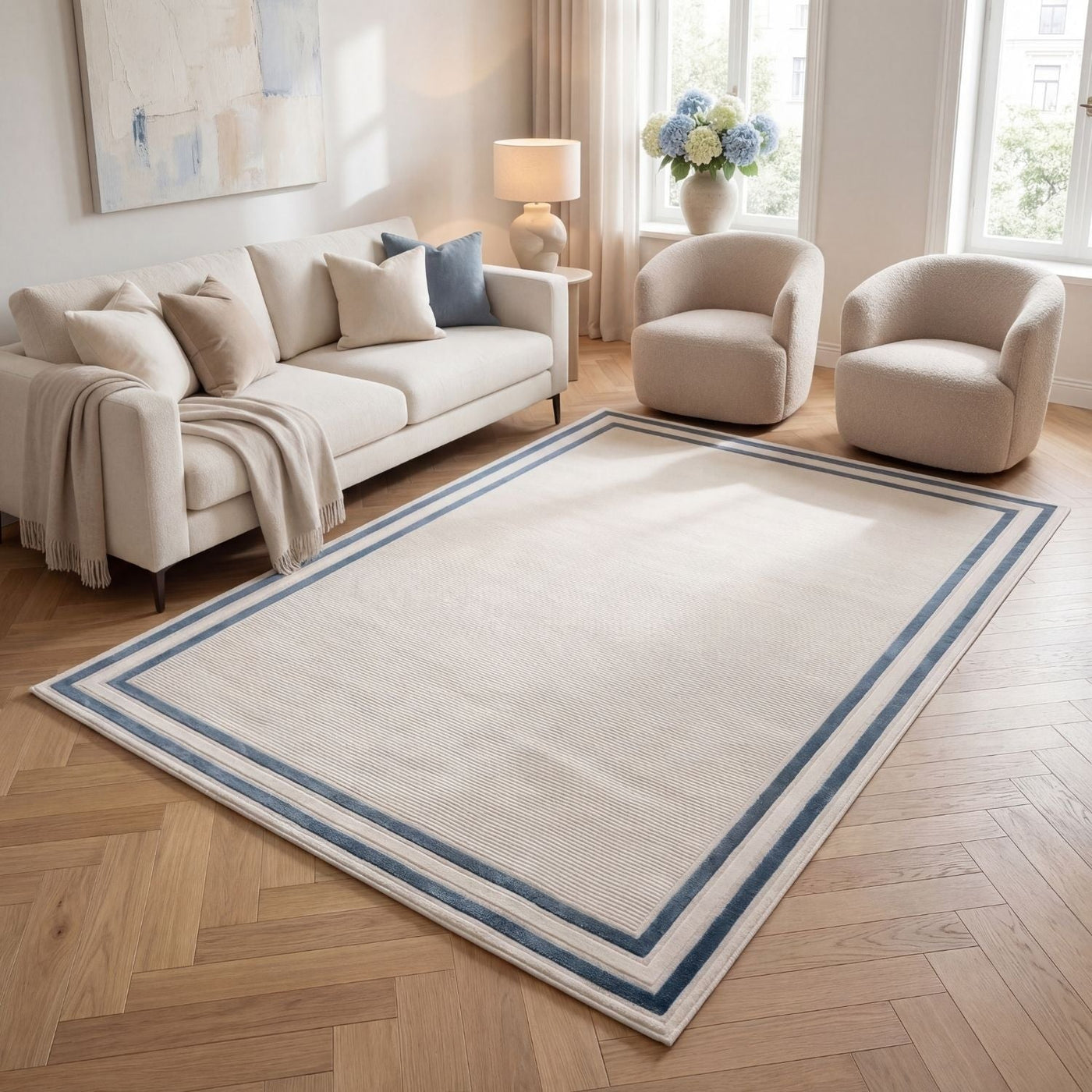 Carmel Cream-Blue Bordered Rug – 6060
