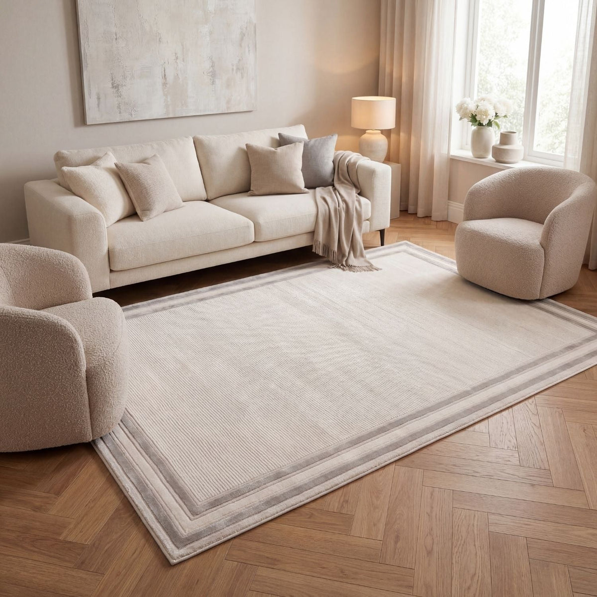 Carmel Cream-Grey Bordered Rug – 6060
