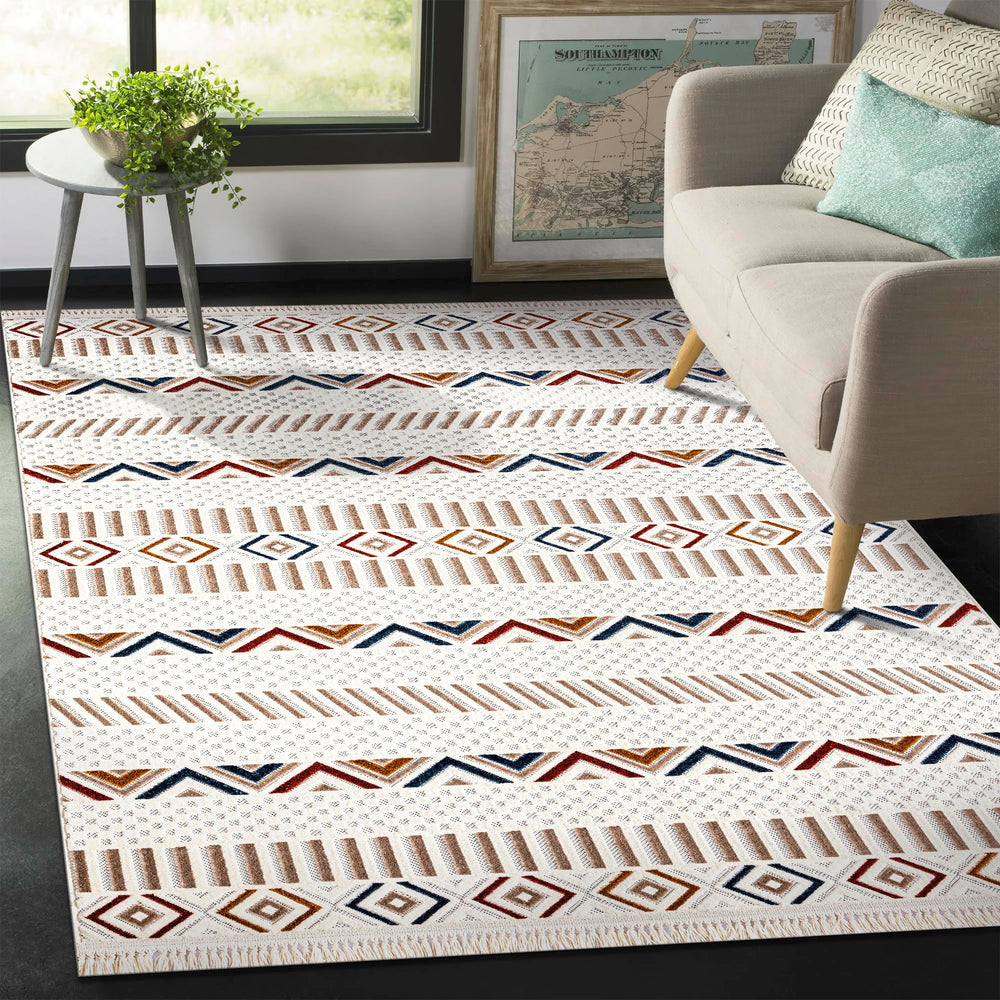 Netline Home bohemian-style low pile area rug with vibrant Aztec patterns, soft, durable, ideal for living rooms, bedrooms, and hallways.