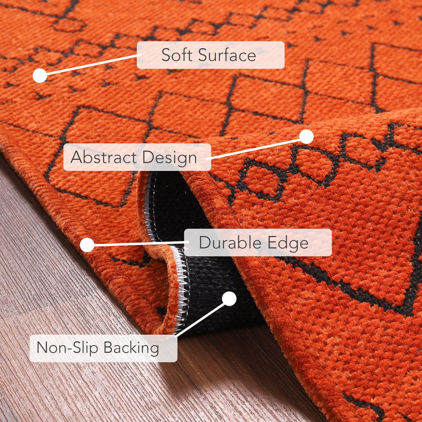 Close-up of Netline Home washable orange chenille rug with soft, plush texture and detailed fiber weave.