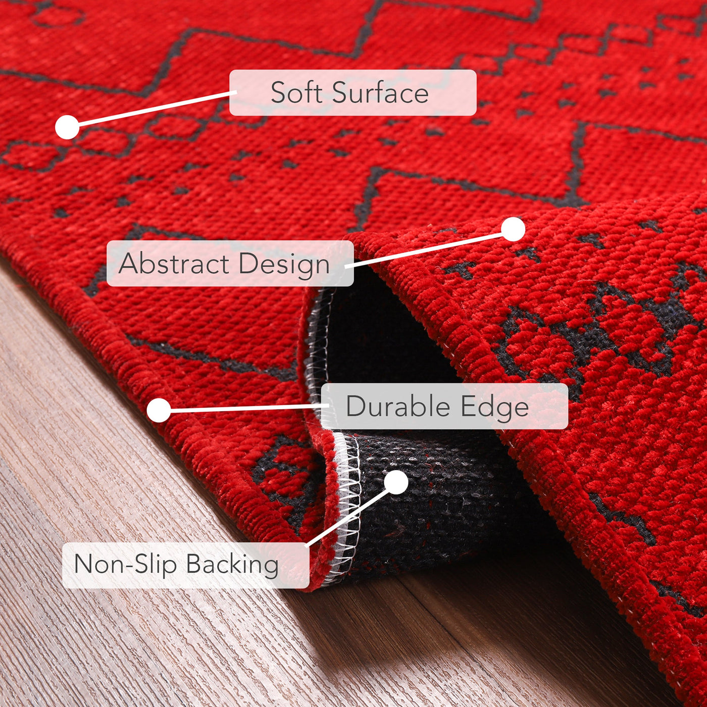 Close-up of Netline Home washable Rug RW1801 in vibrant red with soft chenille texture, showcasing its machine washable design and plush surface.