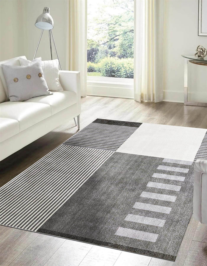 Tokyo Geo Blocks Grey Rug shown in an illustrative room