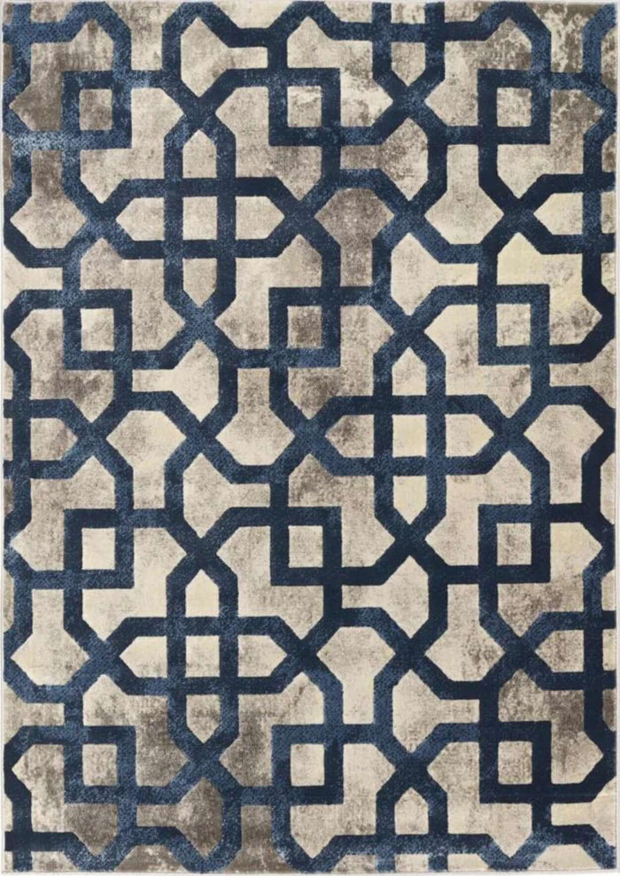 Avanti Navy Moroccan Rug shown in an illustrative room