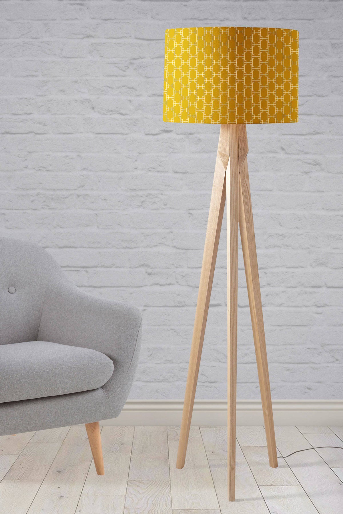 Mustard Yellow Lampshade with a White Geometric Design – Ceiling & Table Compatible