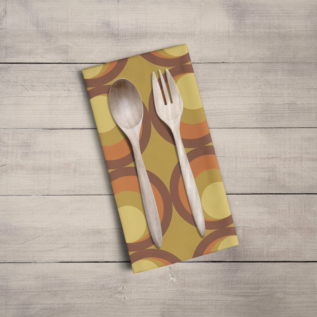 Mustard Yellow Tea Towel with Orange and Brown Retro Design