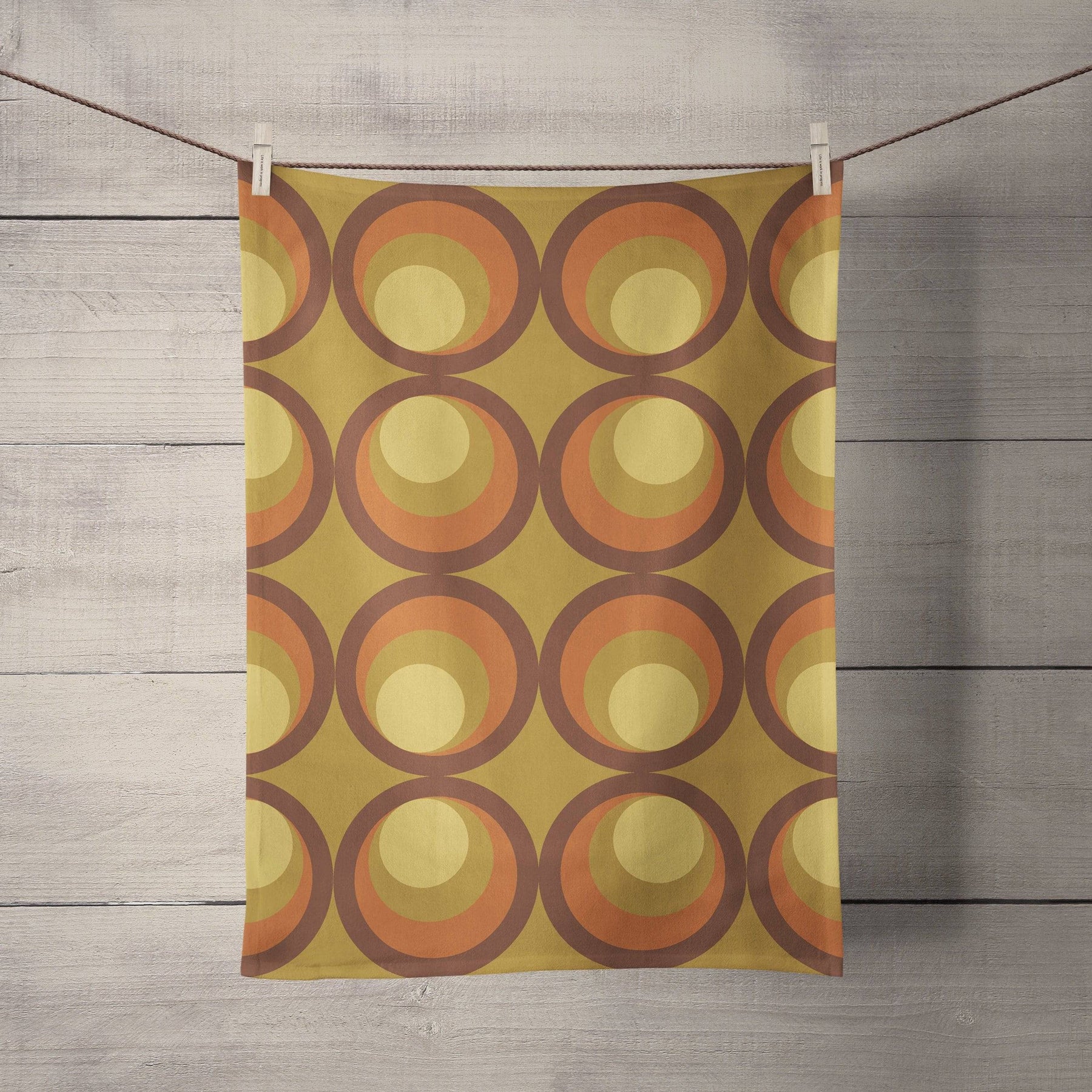 Mustard Yellow Tea Towel with Orange and Brown Retro Design