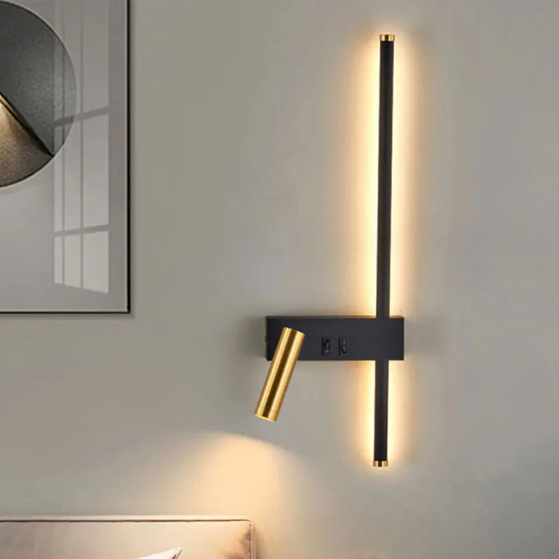 Gold and black LED wall lamp by Light My House with dual switch, ideal for bedside reading and modern bedroom decor.