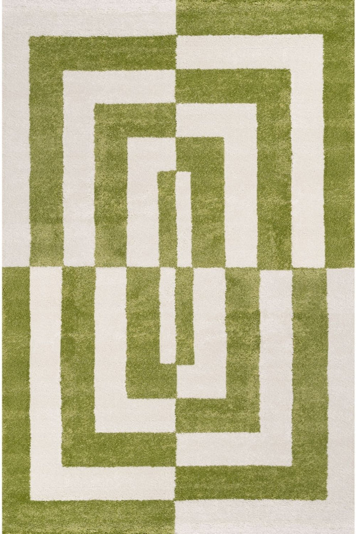 Joli Geometric Green & White Rug shown in an illustrative room