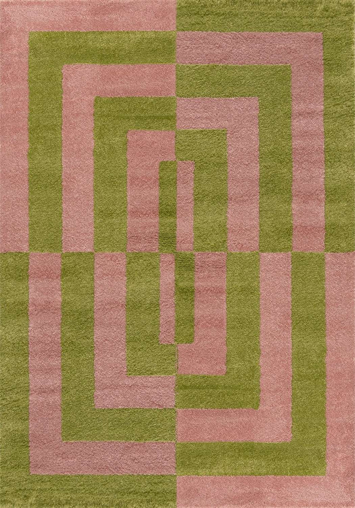 Joli Geometric Green & Pink Rug shown in an illustrative room