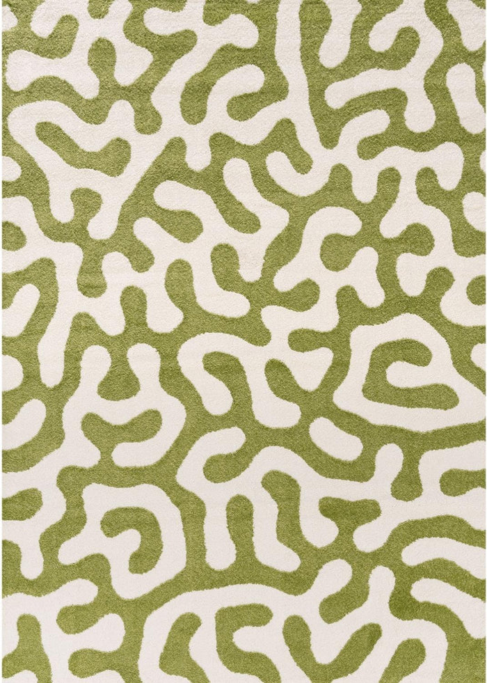 Joli Doodle Green & White Rug shown in an illustrative room