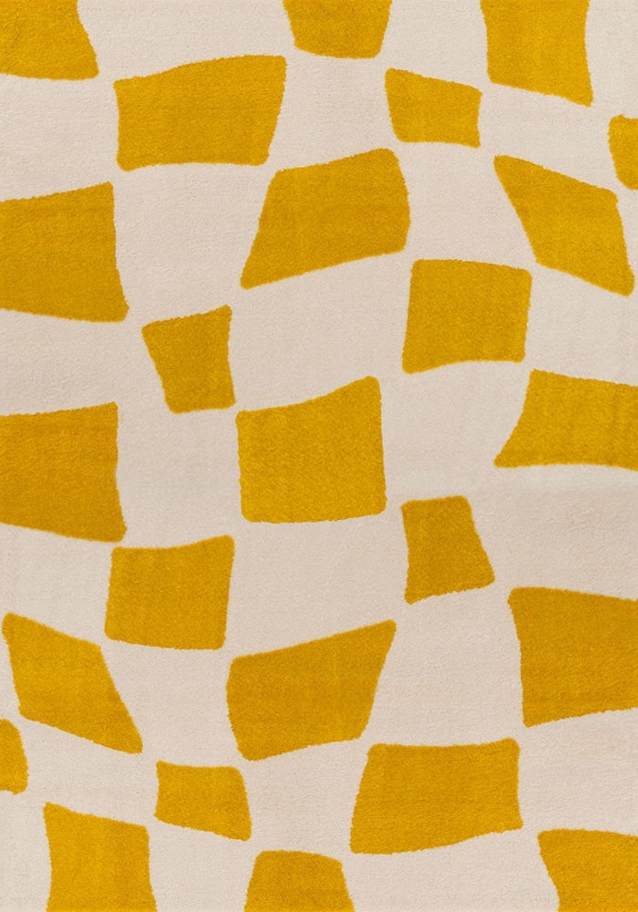 Joli Checkered Yellow & White Rug shown in an illustrative room