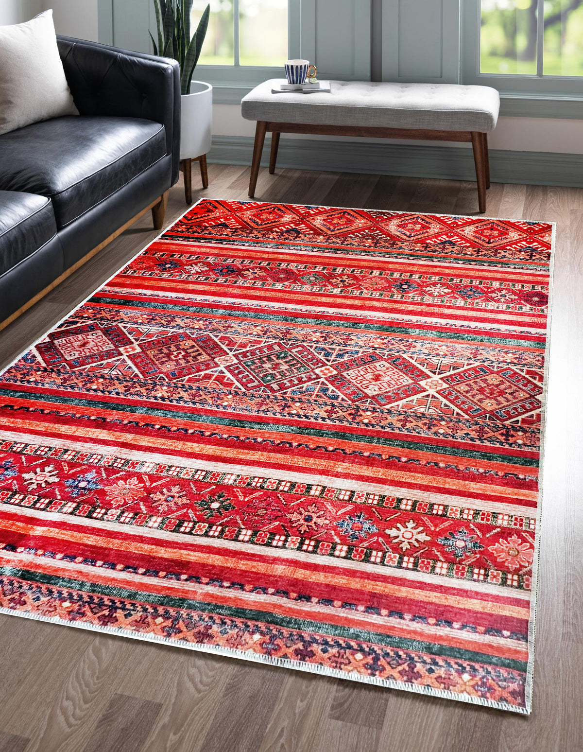 Machine washable red tribal Kilim rug by Netline Home featuring multicolor geometric stripes, ideal for living room, bedroom, or dining.