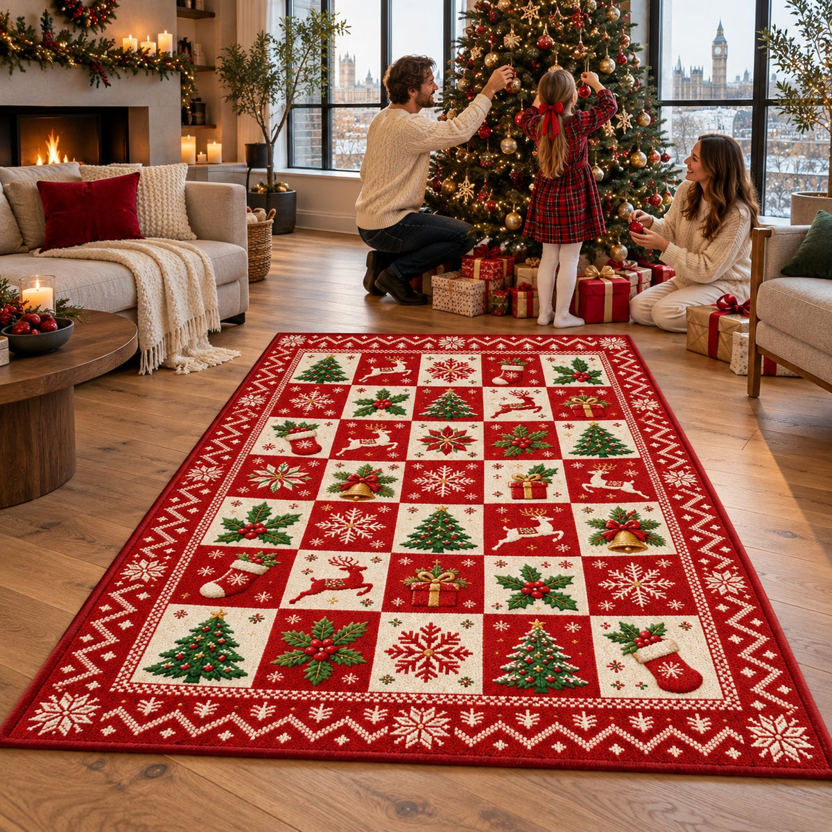Patchwork Christmas Icons Washable Rug RW8025 styled in a festive living room – view 3