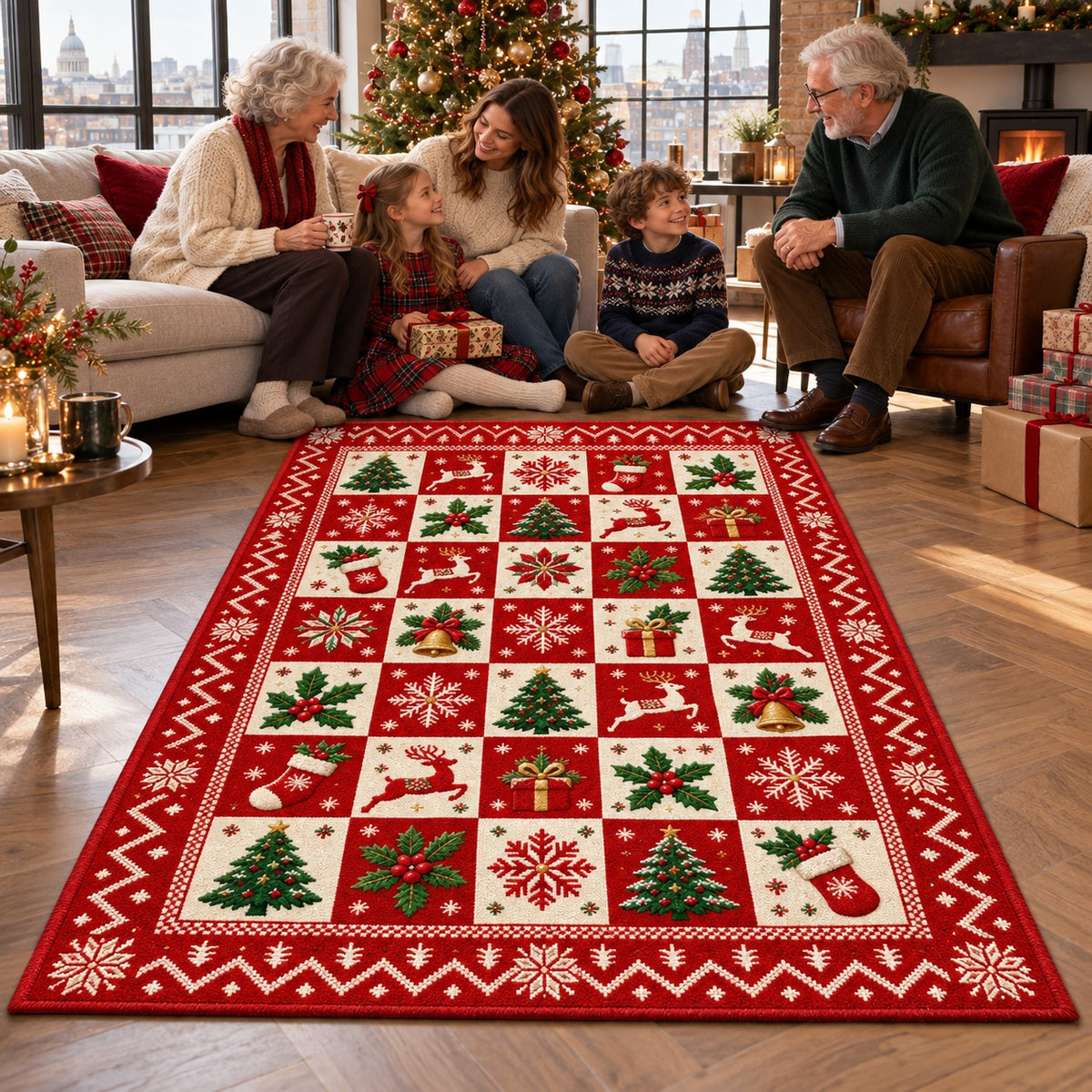 Patchwork Christmas Icons Washable Rug RW8025 styled in a festive living room – view 4