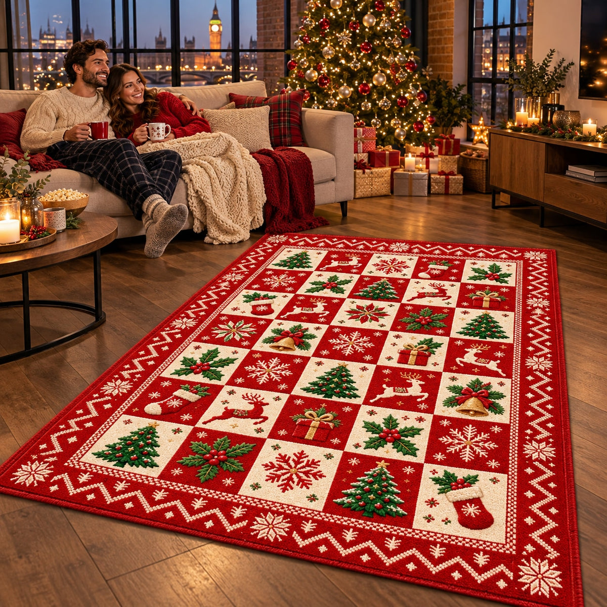 Patchwork Christmas Icons Washable Rug RW8025 styled in a festive living room – view 5