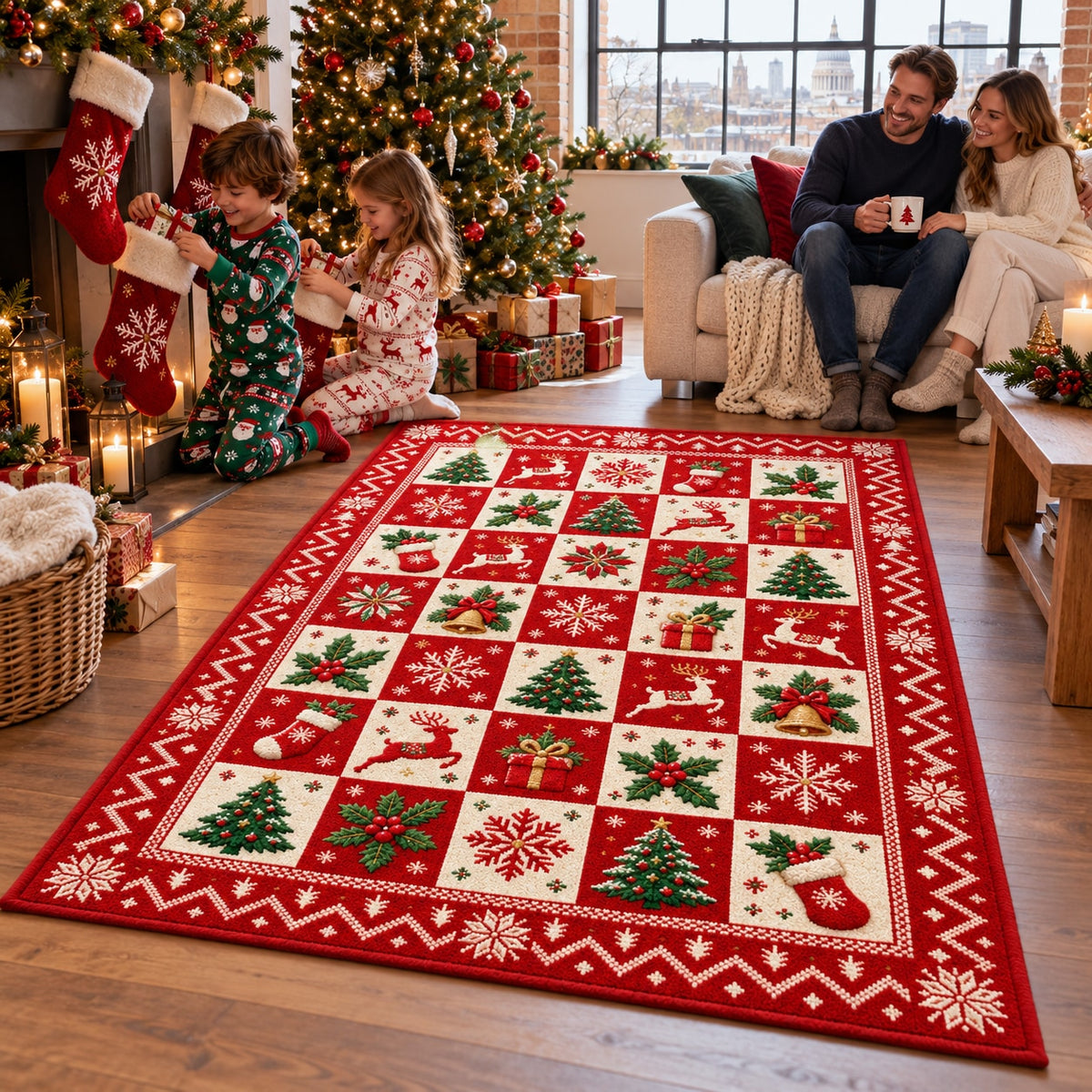 Patchwork Christmas Icons Washable Rug RW8025 styled in a festive living room – view 6