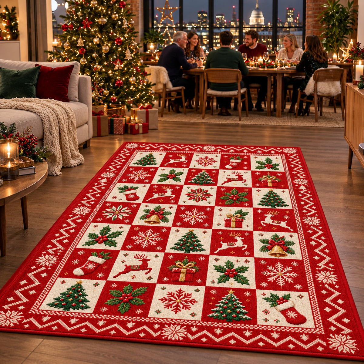 Patchwork Christmas Icons Washable Rug RW8025 styled in a festive living room – view 7