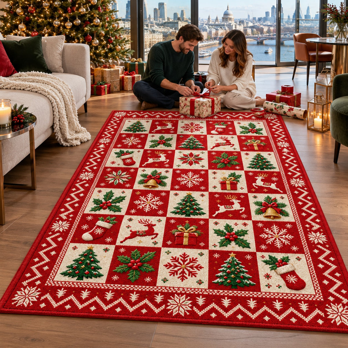 Patchwork Christmas Icons Washable Rug RW8025 styled in a festive living room – view 9