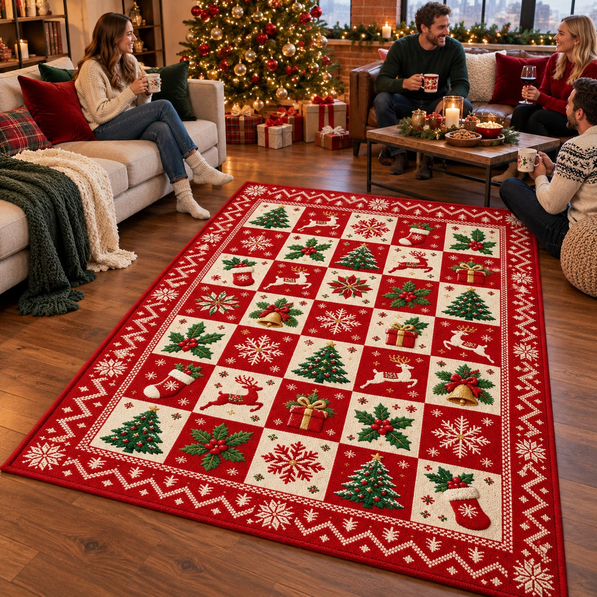 Patchwork Christmas Icons Washable Rug RW8025 styled in a festive living room – view 10