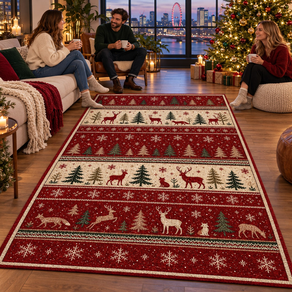 Nordic Forest Washable Christmas Rug RW8026 styled in a festive living room – view 2