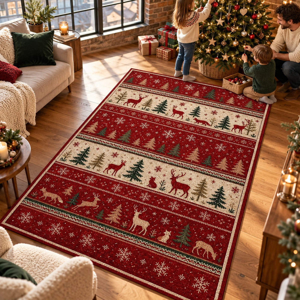 Nordic Forest Washable Christmas Rug RW8026 styled in a festive living room – view 3