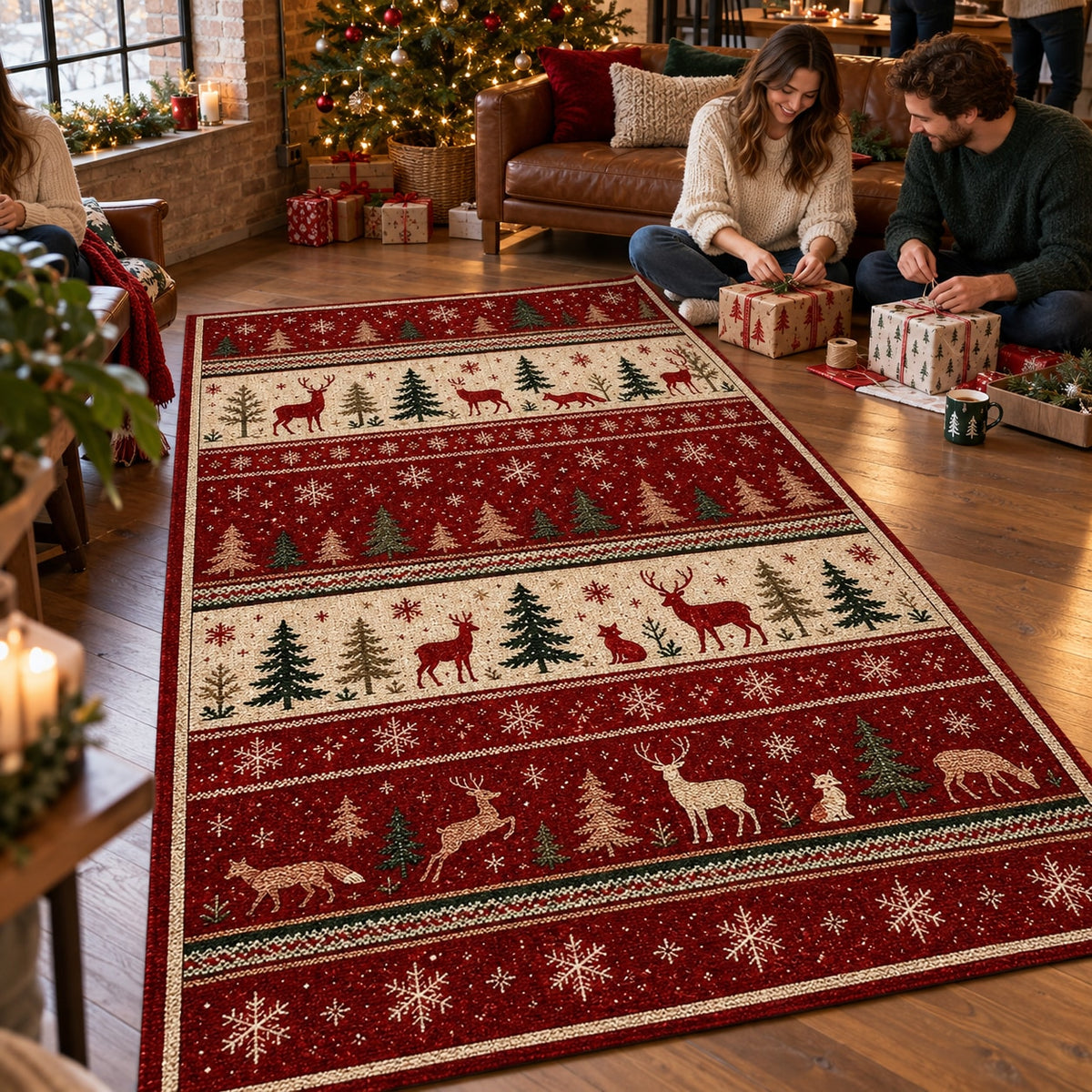 Nordic Forest Washable Christmas Rug RW8026 styled in a festive living room – view 5