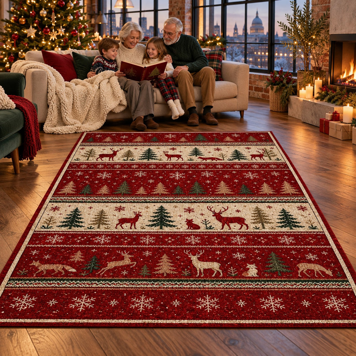 Nordic Forest Washable Christmas Rug RW8026 styled in a festive living room – view 6