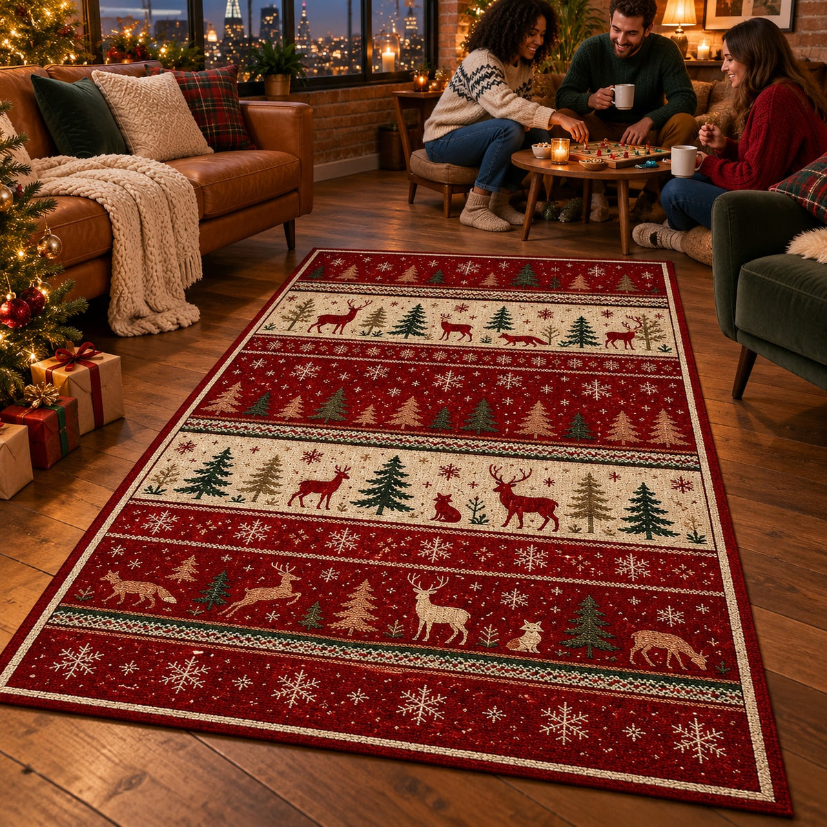 Nordic Forest Washable Christmas Rug RW8026 styled in a festive living room – view 7