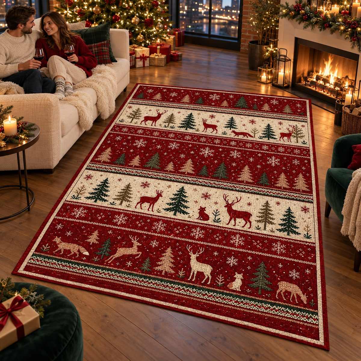 Nordic Forest Washable Christmas Rug RW8026 styled in a festive living room – view 10