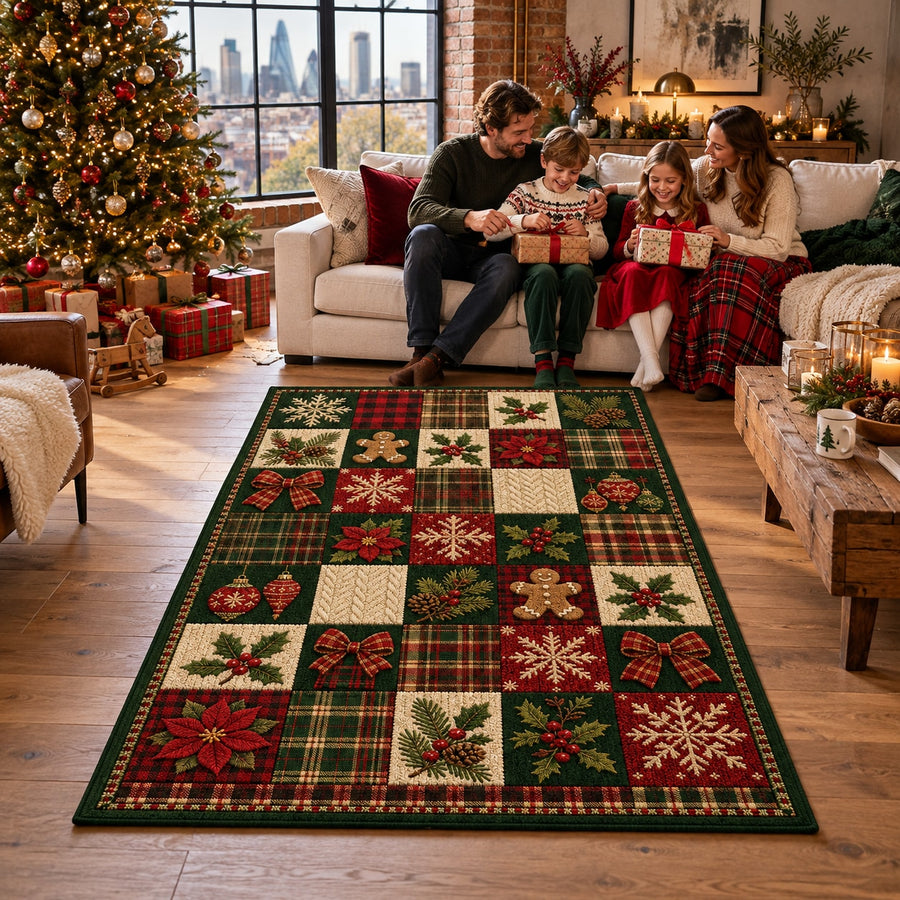 Lodge Plaid Patchwork Washable Christmas Rug RW8027 styled in a festive living room – view 1