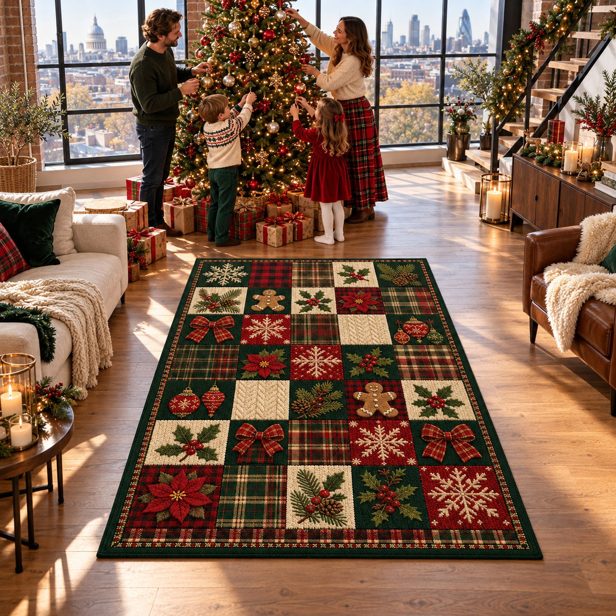 Lodge Plaid Patchwork Washable Christmas Rug RW8027 styled in a festive living room – view 3