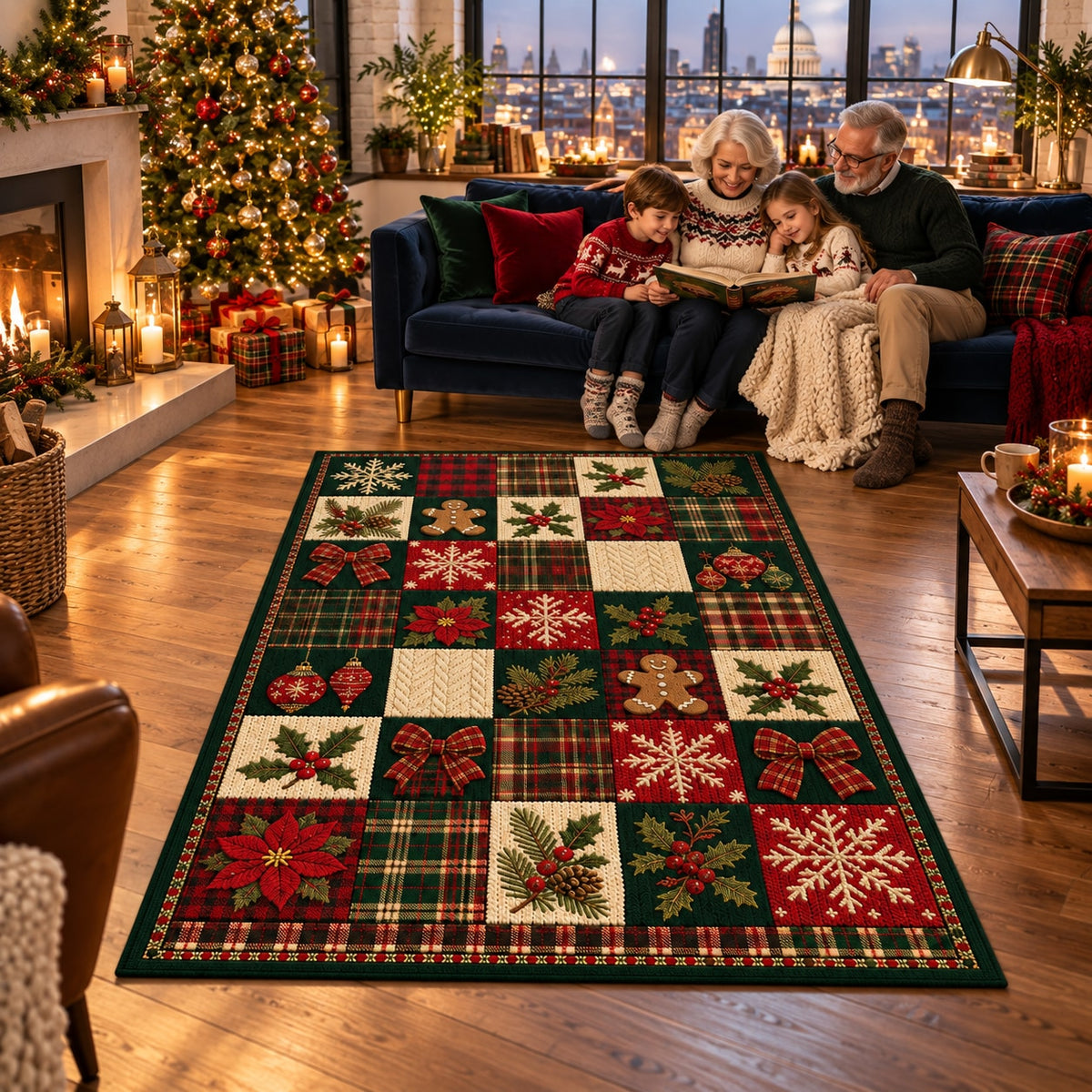 Lodge Plaid Patchwork Washable Christmas Rug RW8027 styled in a festive living room – view 6