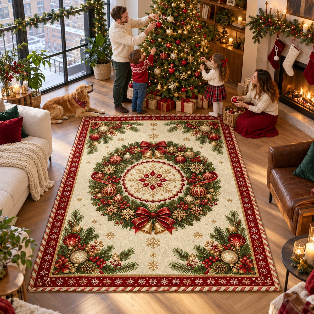 Christmas Wreath Medallion Washable Rug RW8028 styled in a festive living room – view 3