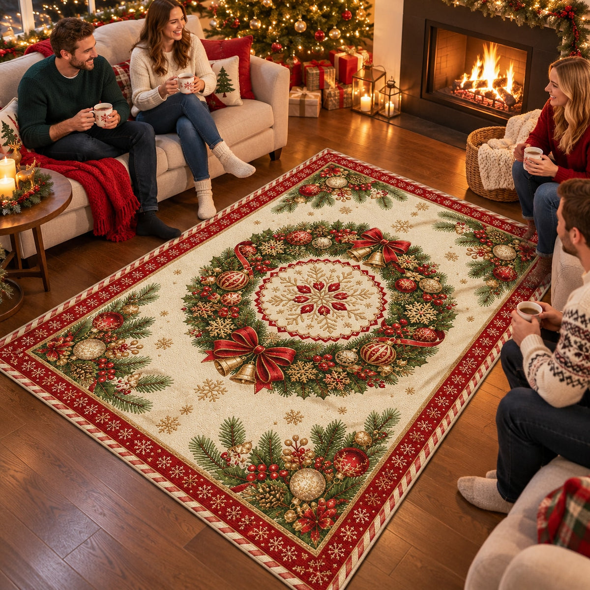 Christmas Wreath Medallion Washable Rug RW8028 styled in a festive living room – view 4