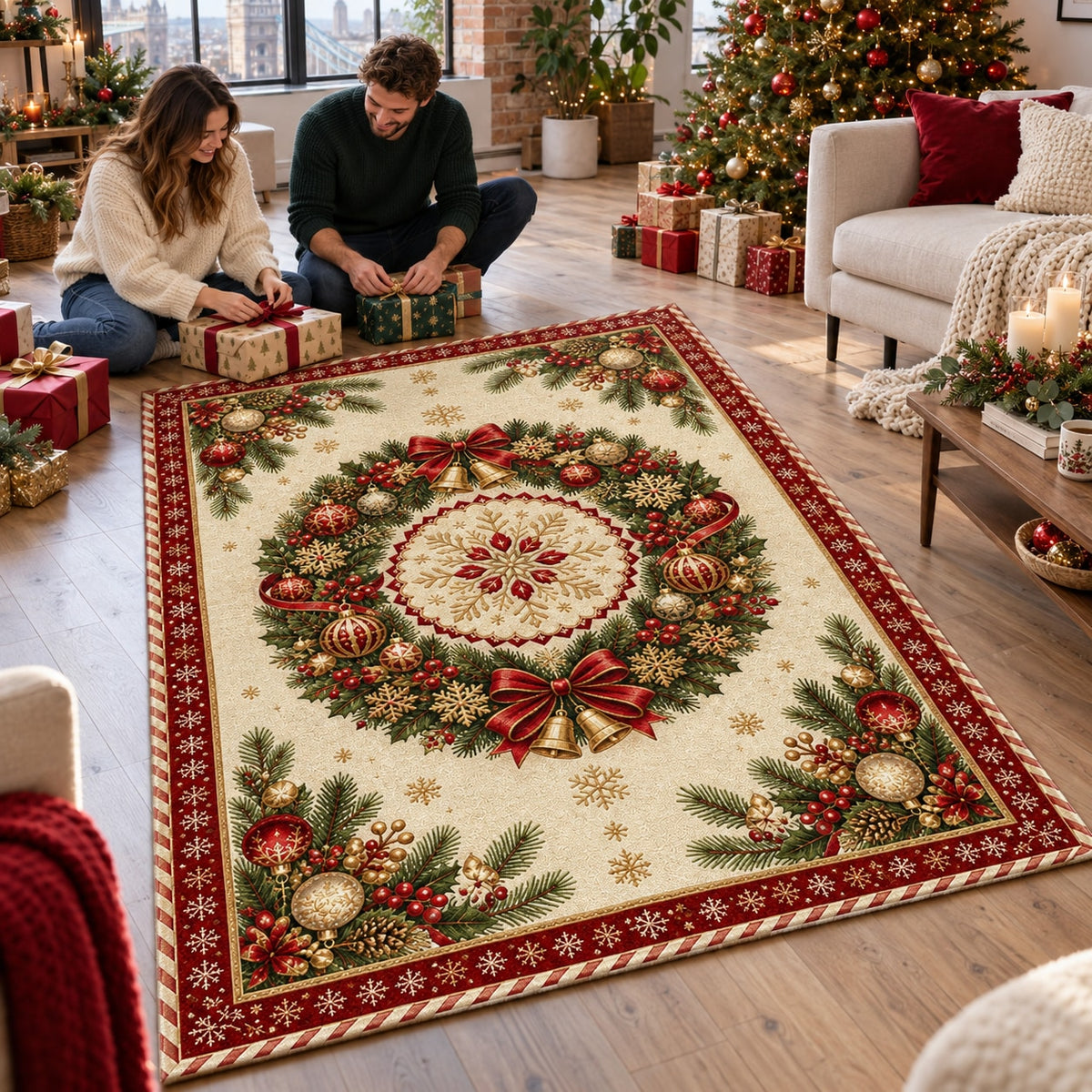 Christmas Wreath Medallion Washable Rug RW8028 styled in a festive living room – view 5