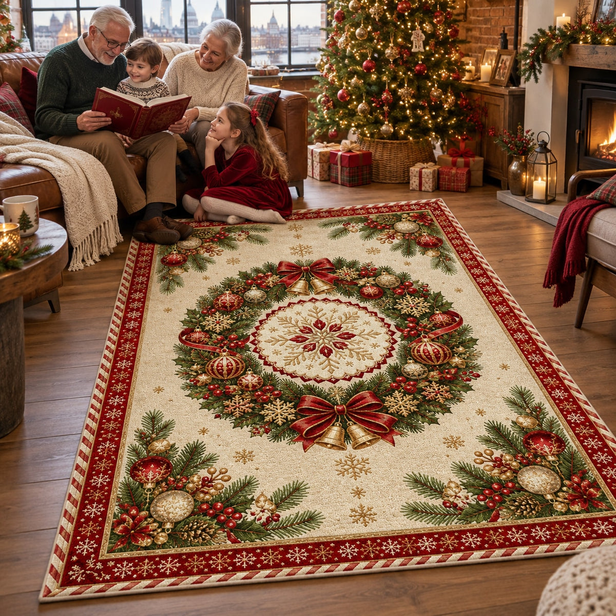 Christmas Wreath Medallion Washable Rug RW8028 styled in a festive living room – view 8
