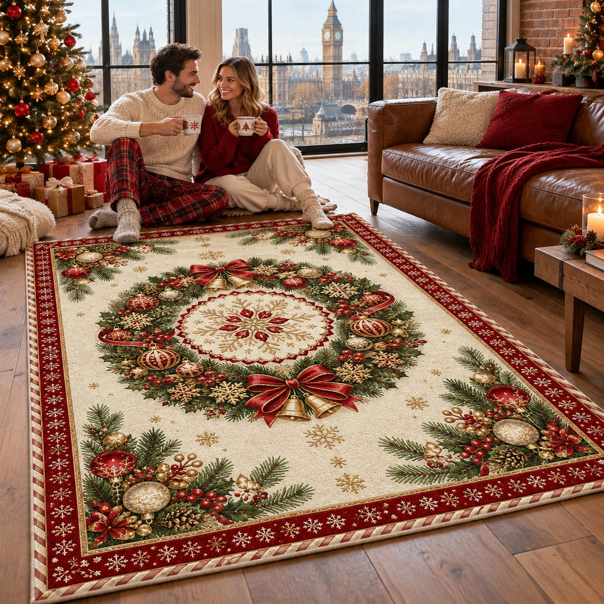 Christmas Wreath Medallion Washable Rug RW8028 styled in a festive living room – view 10