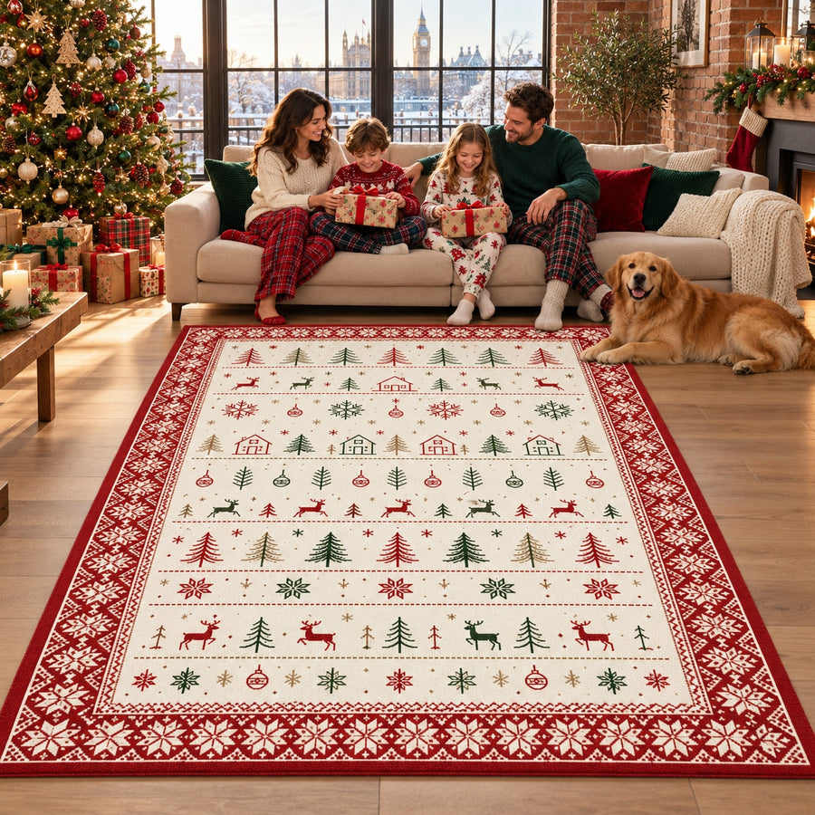 Scandi Christmas Rows Washable Rug RW8029 styled in a festive living room – view 1