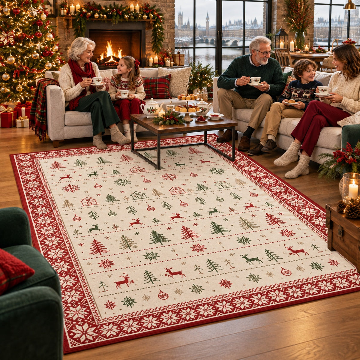 Scandi Christmas Rows Washable Rug RW8029 styled in a festive living room – view 4