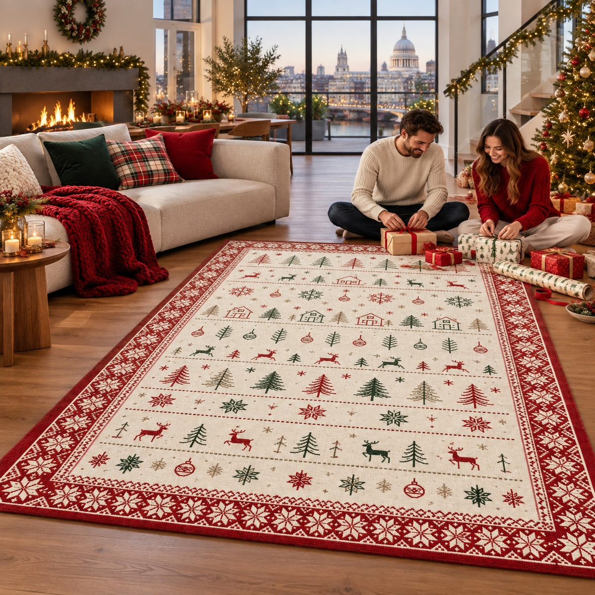 Scandi Christmas Rows Washable Rug RW8029 styled in a festive living room – view 5